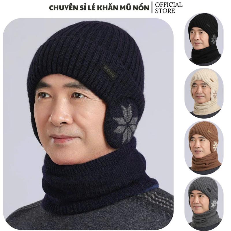 Mũ len khăn giữ ấm mùa đông Nam, Nón len kèm khăn quàng cổ ấm lót lông bên trong - Chất liệu len mềm co dãn tốt