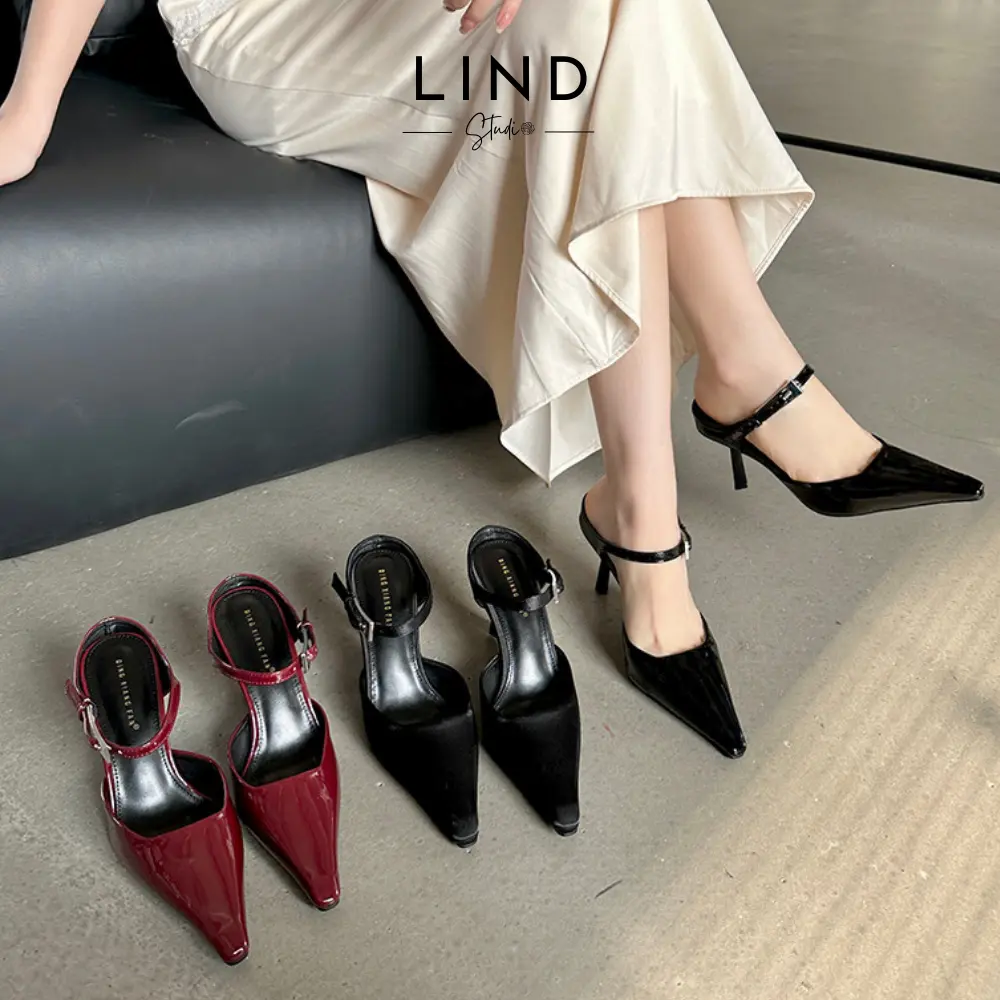 Giày Mule 8p mũi nhọn khóa ngang Dingxiangfan - G138 - LinD Shoes DéP Nữ Nhung Nữ Nhung