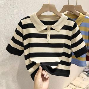 Women's Polo Shirt Short Sleeve Knitted T-Shirt Versatile Hot Girl Retro Summer Striped Short Top for Women