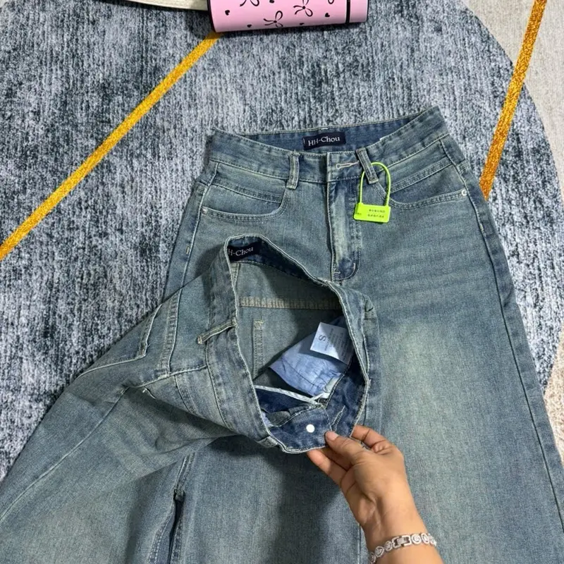 (S-2Xl )HHCHOU Quần Jeans Ống Suông Đứng Bản Lai To Chất Vải QC Mềm H332 Women Pants Kem 7