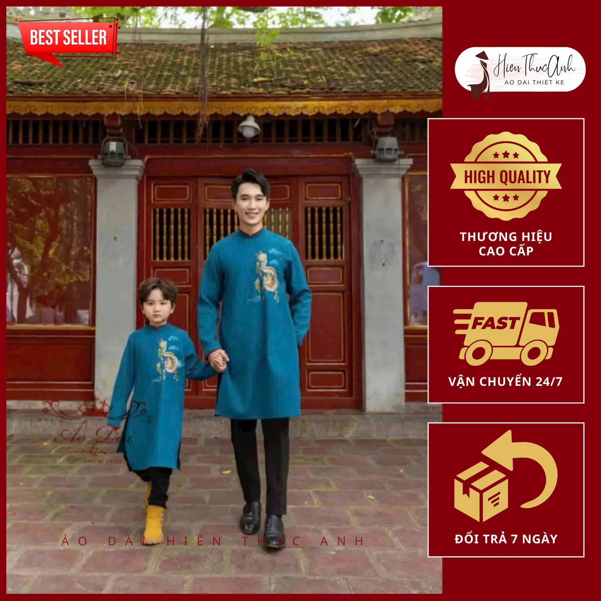 Áo dài cách tân bố và bé trai thêu rồng viền cổ nhiều màu cao cấp - Áo Dài Hiền Thục Anh - Top bán chạy - Best Seller