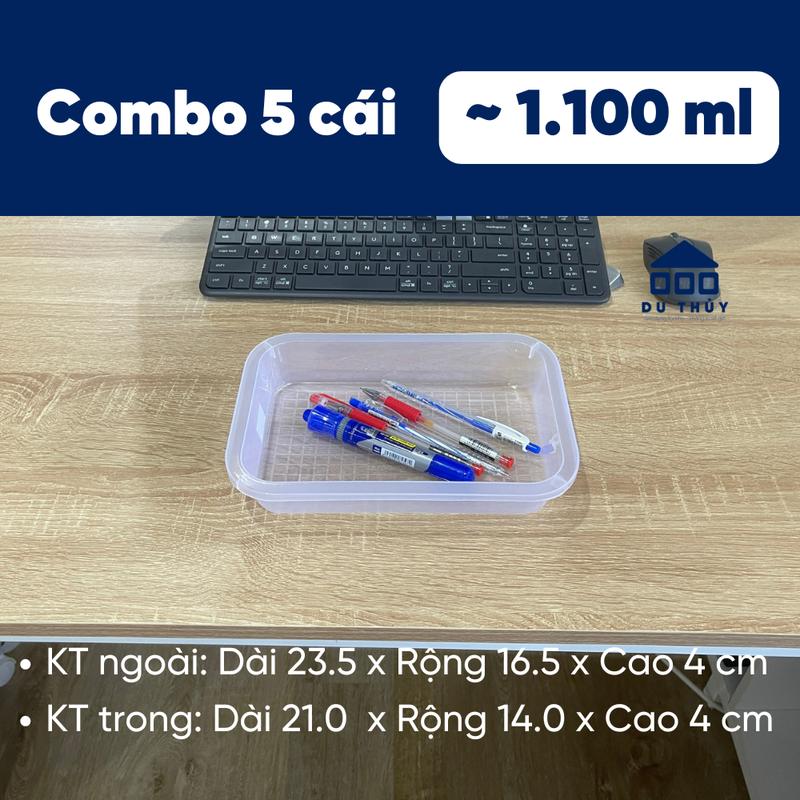 Khay nhựa chữ nhật trong suốt KHÔNG NẮP làm topping trà sữa rau câu thạch khúc bạch 1100ml kích thước 23.5cm x 16.5cm x 4cm-BỘ 5 CÁI-BỘ 5 CÁI 01NP