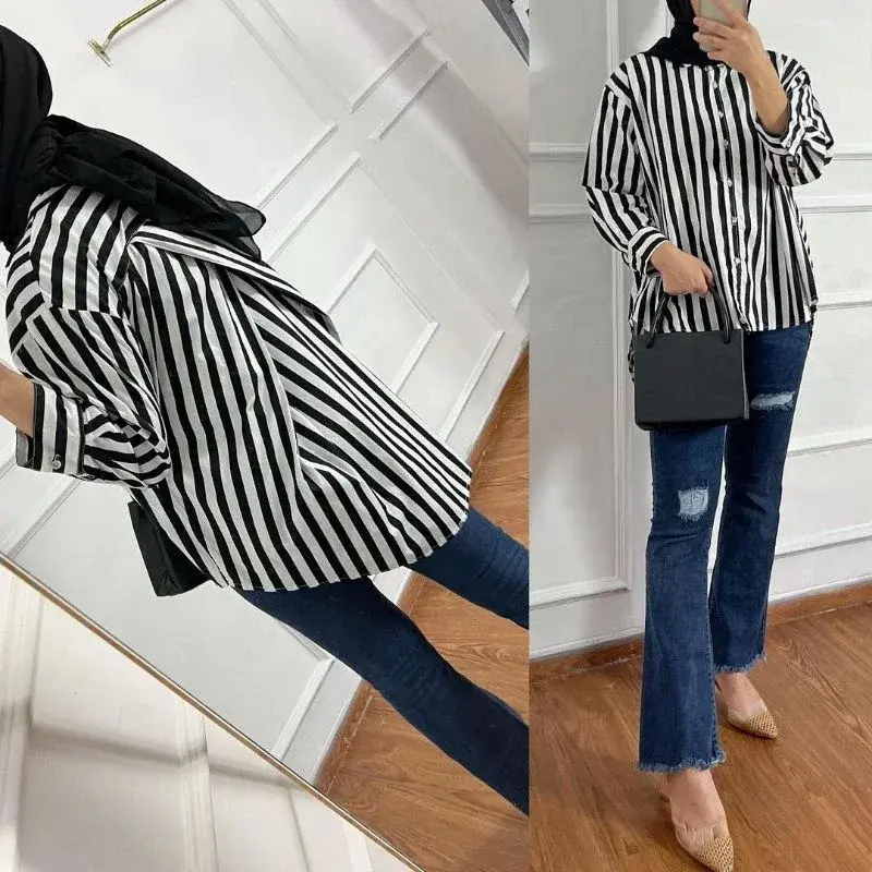 Kemeja Wanita Stripe Shirt Salur Silang Belakang Bahan Katun Rayon 2