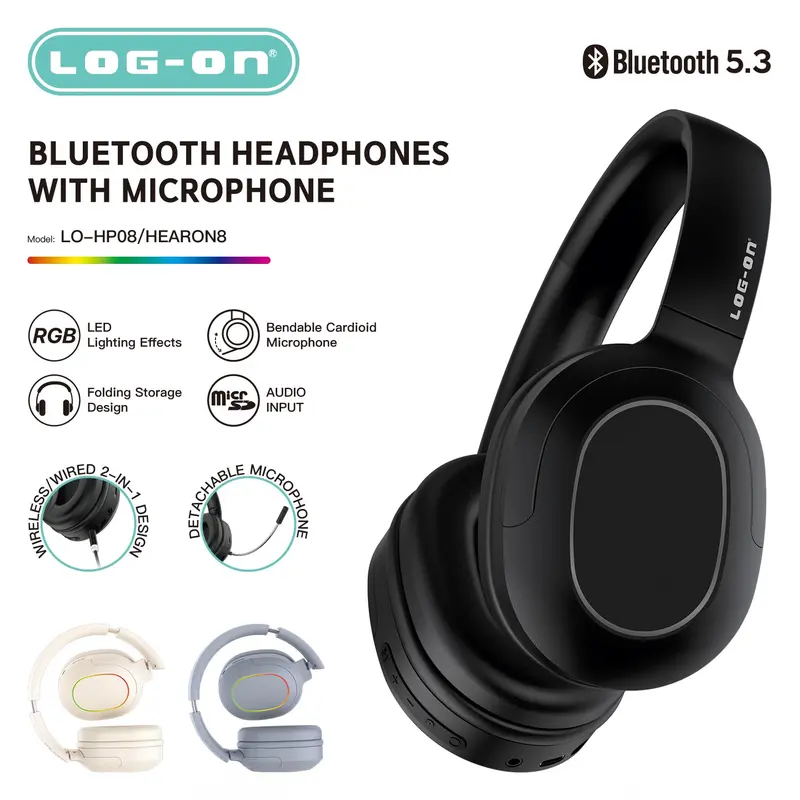 LOG-ON HEADPHONE STEREO   WIRELESS BT5.3 WIRED 2IN1 HEARON8 LO-HP8 Bluetooth Headset Led Microphone Earphones  Headphones  Pc full bass 2