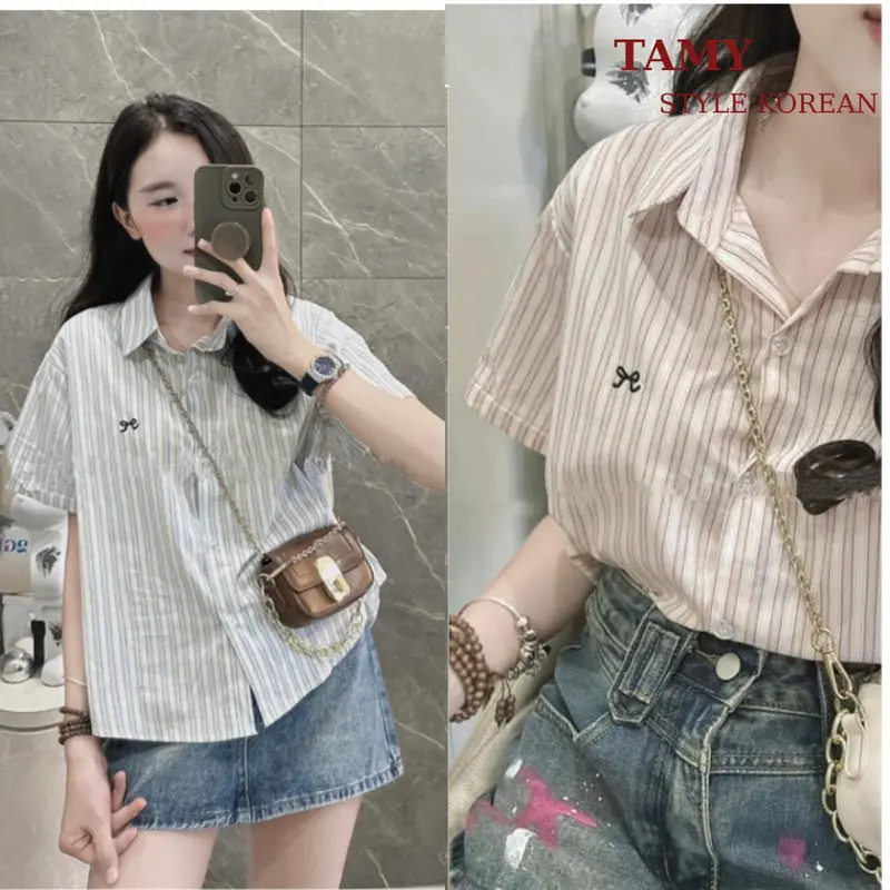 Áo sơ mi nữ ngắn tay kẻ sọc logo nhỏ xinh chất liệu cao cấp thoáng mát mặc mùa hè, áo croptop họa tiết nơ dễ thương