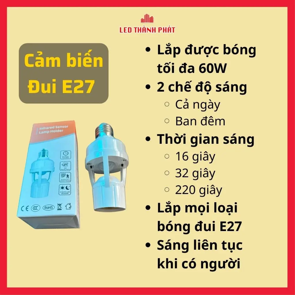 Đui đèn cảm biến chuyển động E27 hồng ngoại PIR thông minh tự bật sáng khi có người , cài đặt thời gian sáng , chế Độ Ban Đêm 267F