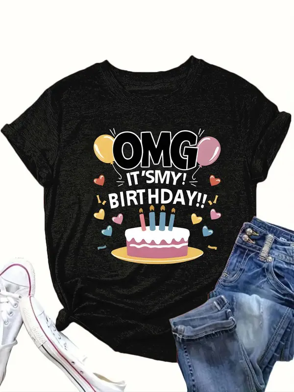 【Plus Size】 Cartoon Birthday Cake & Letter Print Round Neck Tee, Casual Short Sleeve T-shirt for Summer, Women's Clothing for Daily Wear 2