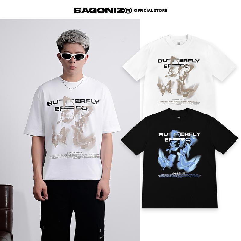 ÁO THUN BUTTERFLY EFFECT SAGONIZ, áo thun unisex chất liệu cotton co giãn 2 chiều thấm hút mồ hôi nhanh Menswear Nam Cổ Tròn Đen