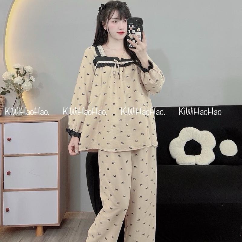 Bộ bầu - bộ sau sinh - BỘ ĐŨI NHĂN DÀI HÌNH NƠ CỔ VUÔNG REN - 2 Màu,áo có khóa kéo hai bên,quần có chun chỉnh Tiện Lợi 3