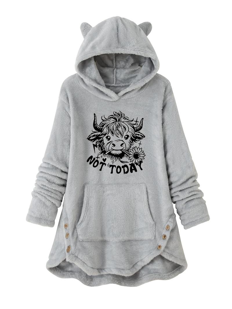 Product Introduction of Women's Highland Cow & Sunflower Print 3d Ear Decor Button Front Thermal Lined Hoodie, Casual Asymmetrical Hem Drop Shoulder Kangaroo Pocket Fuzzy Hooded Sweatshirt for Daily Wear, Ladies Clothes for Fall & Winter 5