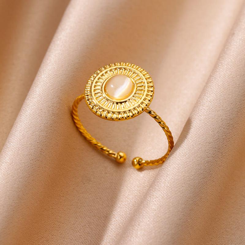Product Introduction of 1 PCS Stainless Steel White Cat's Eye Round Open Ring Gold Color Adjustable Rings For Women Party Vacation Couple Jewelry Gift 6