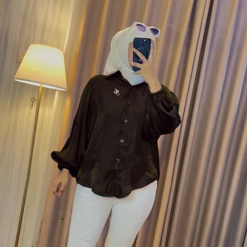 Thalia kemeja shimmer atasan polos glitter lengan balon Jumbo size M - 2XL Cantik Formal Katun Motif Panjang Silk Wanita 4