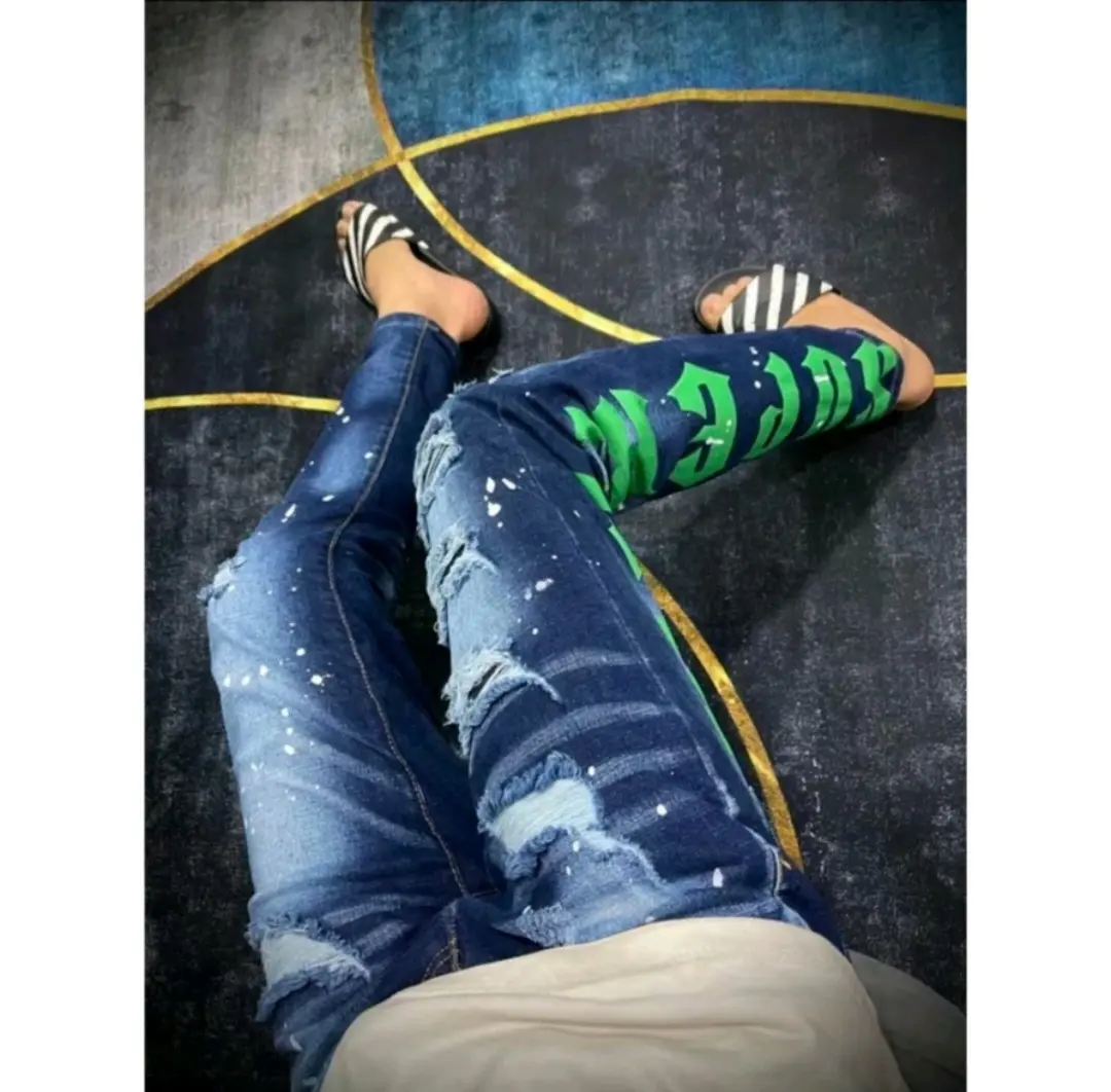 Quần jean nam in chữ xanh thời trang chất jean dày dặn co giãn mẫu mới -GIN MAN STORE Pants Menswear Có Túi