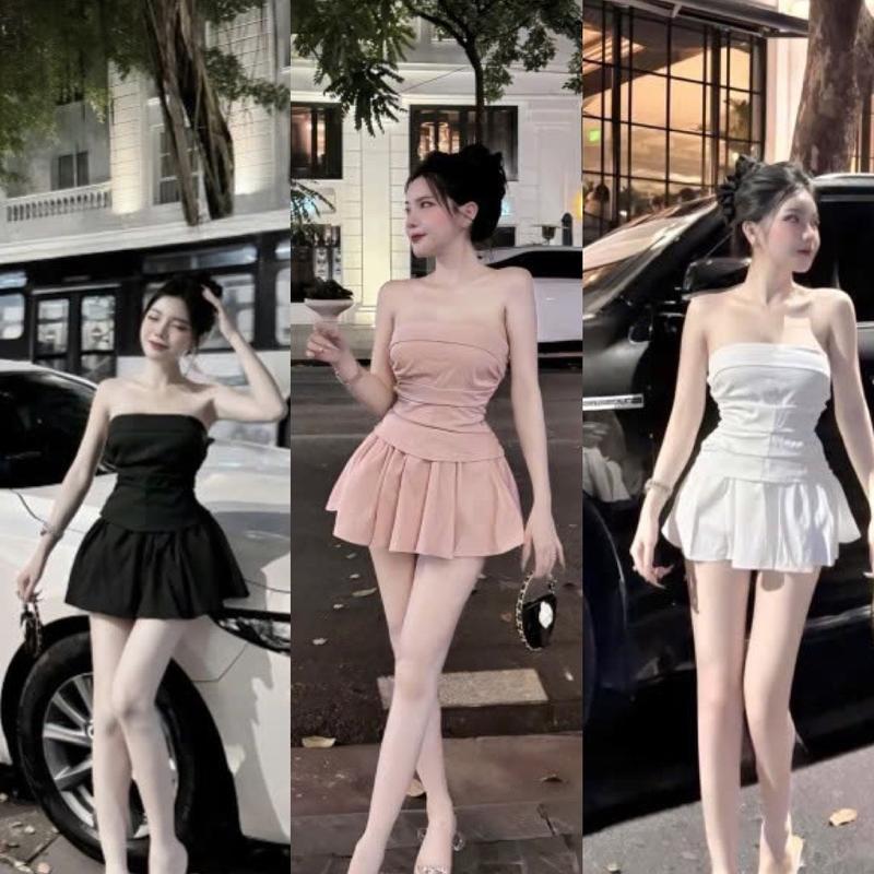   45-55kg  Set Váy Xoè Xếp Li  Áo Ống Kate Duyên Dáng Cho Nữ Top Women đầm  cúp  Ong Màu Hồng đầm xếp ly màu đỏ hồng đính tua rua 