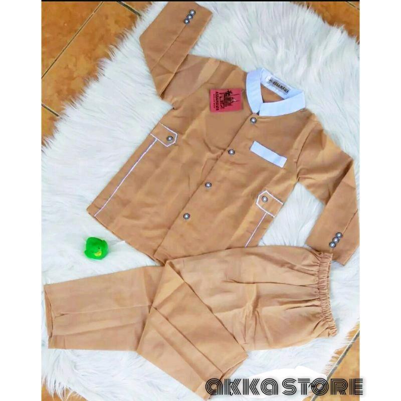 Baju koko anak Laki Laki Setelan usia 4-12 Tahun Hitam Muslim Kain Katun Panjang Kancing Celana 5