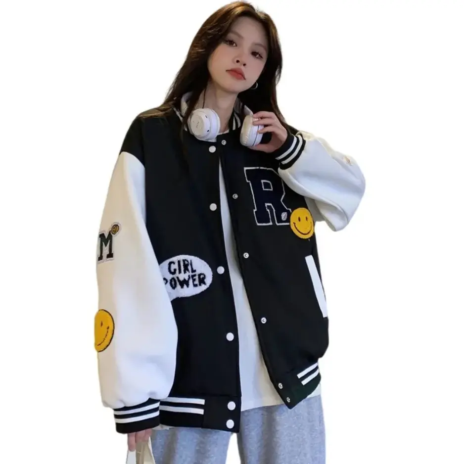 Jaket Baseball R Smile 4-19 Tahun Lucu Kekinian Bahan Fleece Lembut Sweater Varsity Korean Style Outwear Anak Fashion Pakaian