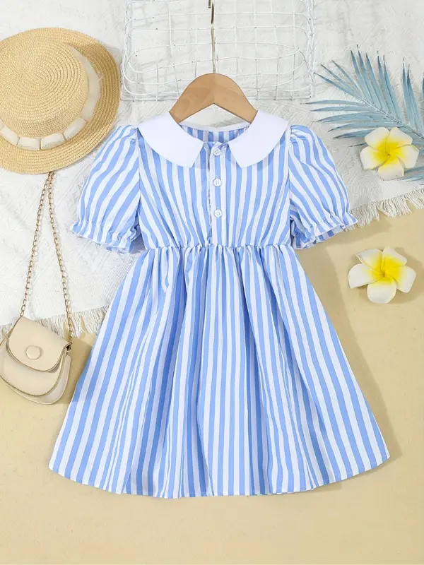 Girl's Striped Print Dress, Casual Short Sleeve Dress for Summer, Kids Clothes for Daily Wear 0