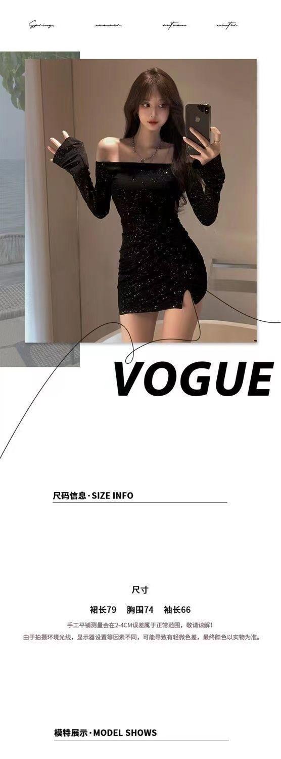 Product Introduction of Váy Trễ Vai, Ôm Sát Nữ, Dài Tay, Đính Kim Cương, Váy Bodycon Bất Đối Xứng, Đầu Thu, Hàng Mới Về, Váy Đen, Năm 2025 5