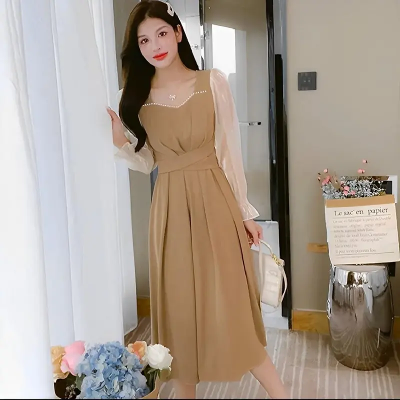 Bless Naomi Dress Midi Vintage Wanita Style Square Neck Lengan Balon Scuba Baju  Gaun  Pesta  Panjang 0