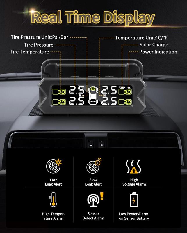 Product Introduction of 【SKIT】Car TPMS Tire Pressure Monitoring System And Time Display w/ Mounting Bracket, TPMS External Sensor, TPMS Internal Sensor, English Voice/Beep Alert,  TPMS Tyre Pressure Monitoring System, TPMS For Car Solar, Tire Pressure Gauge, Tire Pressure Sensor 1