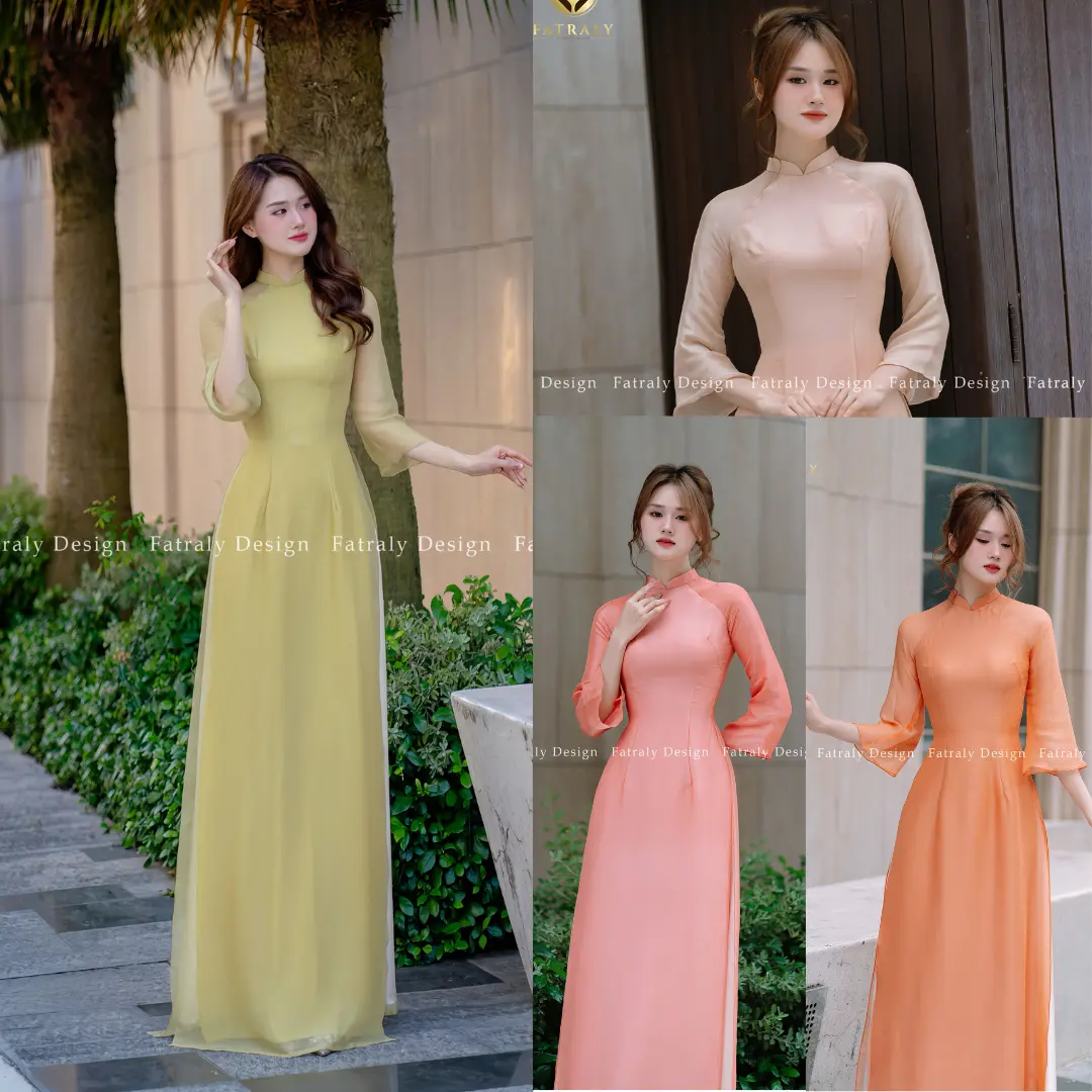 Fatraly - Áo dài nữ tơ lót lụa 4 tà cổ trụ 4 màu