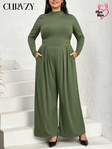 CURVZY Plus Size Solid Ruched Pocket Wide Leg Jumpsuit, Casual Mock Neck Zipper Back Long Sleeve Jumpsuit for Women, Women's Clothing for Fall
