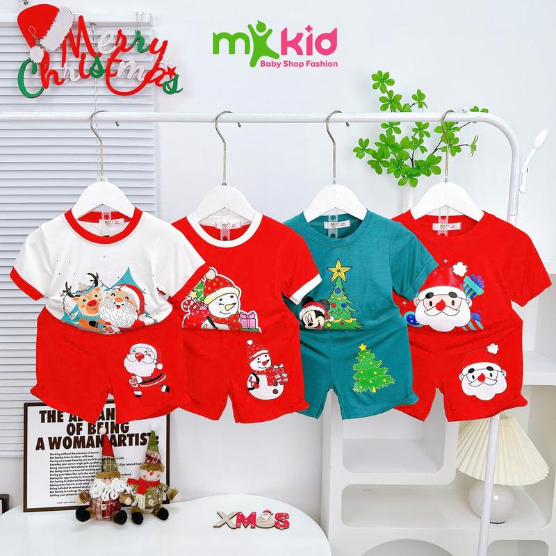 [MK KID] Bộ Áo Ngắn Quần Ngắn NOEL 8-30KG Vải Thun Lạnh Dành Cho Bé Cao Dưới 1M25 Đồ Giáng Sinh cho  Bé Trai Bé Gái Mặc Ngủ , Đồ Mặc Nhà Đi Học Mềm Mát Cho Bé Polo