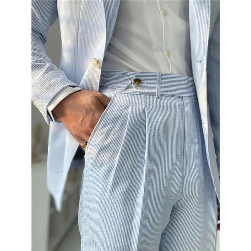 Bubble Gauze High Waist Men's Pants - Summer Straight Cut Trousers |   British Style Elegant Comfort |   Trendy Casual Office Wear |   Free Size