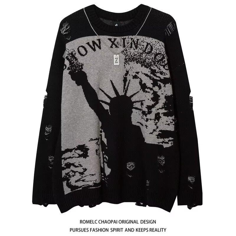 Áo Len Dệt Kim Jacquard, Phong Cách Mỹ, Phong Cách Tối Màu, Đường Phố Cao Cấp, Dành Cho Nam Và Nữ, Thương Hiệu Hợp Xu Hướng Dáng Rộng Vừa Vặn, Có Lỗ, Dài Tay, Có Thư Hình Đại Diện Miễn Phí