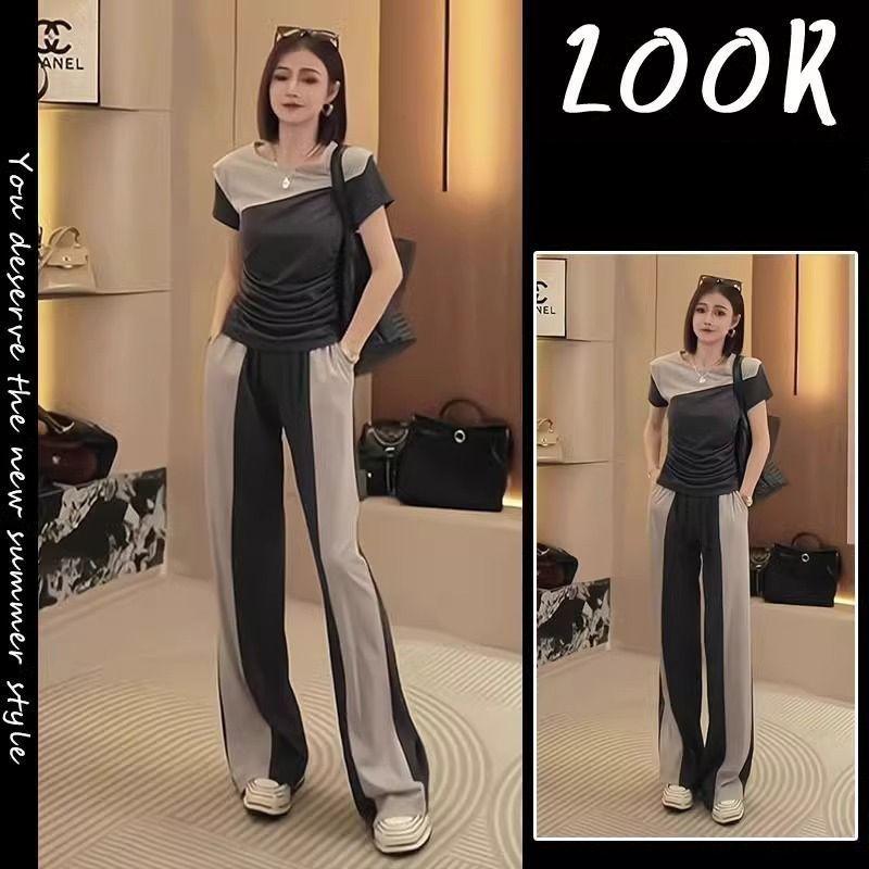 Product Introduction of Bộ Dễ Phối Đồ Đi Làm Chuyên Nghiệp, Bộ Hai Mảnh Áo Phông ngắn Tay Khối Màu Thời Trang Thường Ngày Quần Ống Rộng, Hàng Mới Về Mùa Hè 2025 3