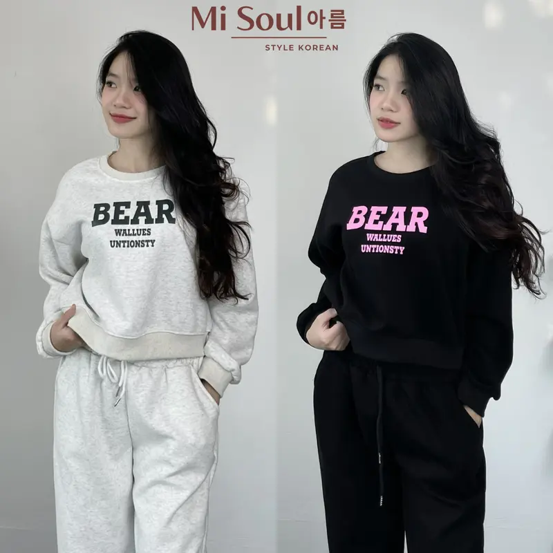Set Nỉ BEAR In Chữ Ngực Kèm Quần Chun Dây Rút Bo Gấu BigSize MiSoul, Bộ Áo Gấu Form Thụng 357 Nữ Kem 5