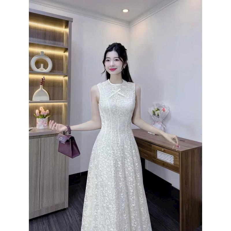 váy đầm ren dạ hội dáng dài cổ tròn tay ngắn dáng dài chát ren siêu đẹp dành cho nữ 2
