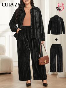CURVZY Plus Size Two-Piece Set Solid Textured Button Front Shirt & Elastic Waist Wide Leg Pants Velvet Set, Elegant Fashion Drop Shoulder Long Sleeve Collared Top & High Waist Pocket Trousers for Daily Outdoor Wear, Women's Clothing for Spring & Fall