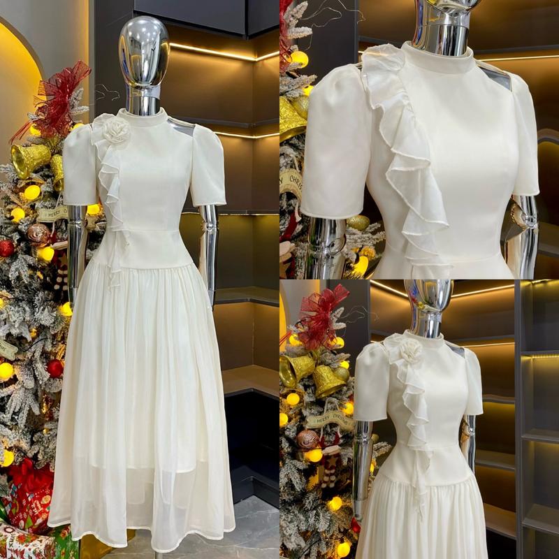 Váy thiết kế Evii E45 dành cho nữ Đầm thiết kế cổ tròn hở vai tơ bèo lệch trước ngực phối tơ xếp ly tiểu thư (tặng kèm hoa cài) dáng xoè dài phù hợp đi chơi và đi dự tiệc Có Bigsize