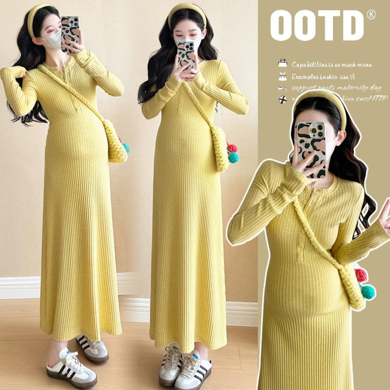  Young Mom | Đầm bầu body quyến rũ mùa Đông sang trọng DV266 chất Thun gân mềm mịn dày dặn kiểu dáng sang trọng gọn bầu ấm áp mùa Đông Voi Thai sản Thoải mái Kem Sandal Váy Bầu 