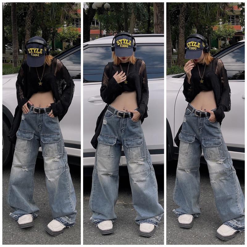 Quần jean XANH RETRO 2 TÚI PHỐI RÁCH XƯỚC form to dành cho Nam và nữ, ống 26cm có độ thụng cực chất, eo từ 60cm đến 82cm