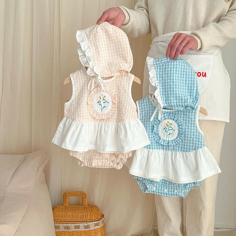 Body Váy Kẻ Hoa Thêu Kèm Mũ Tiểu Thư Cho Bé Gái 3-9 Kg, Body Mặc Hè