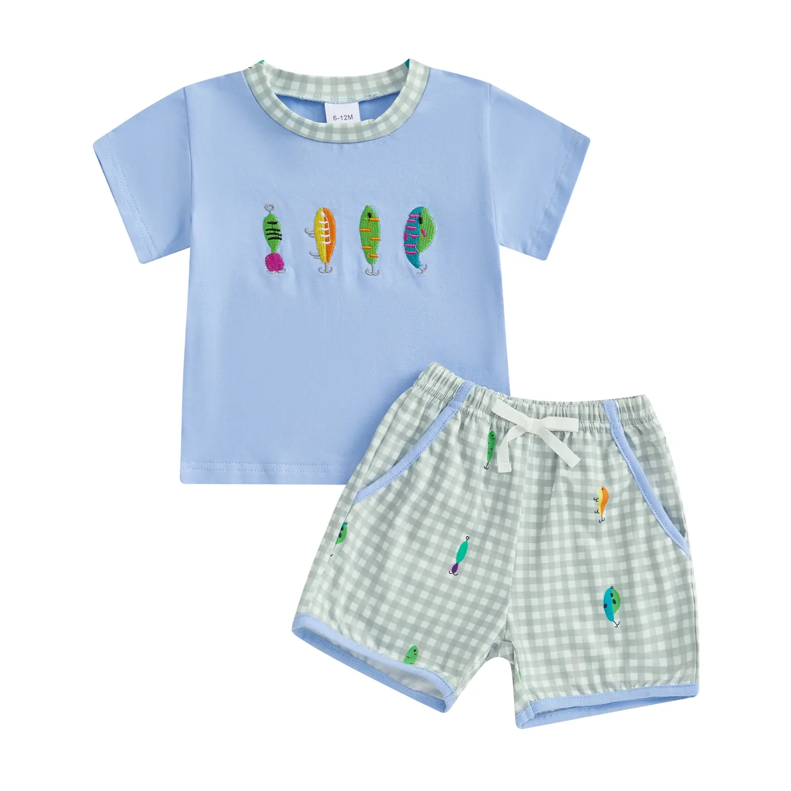 Boys Summer Shorts Sets Short Sleeve Fish Bait Embroidery Tops and Plaid Drawstring Shorts Sets