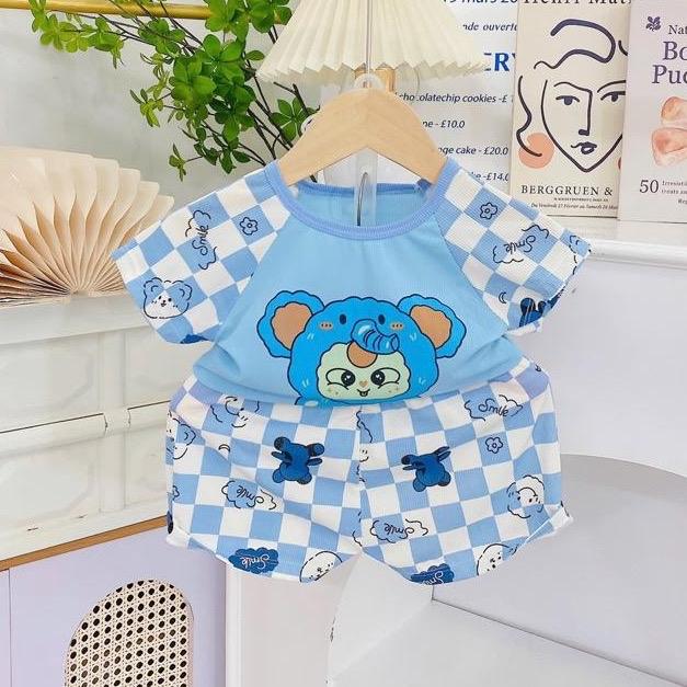 (11)Combo 5 bộ CỘC TAY chất liệu thun tăm lạnh hoạ tiết hoạt hình phối caro hoạ tiết BABY THREE dễ thương cho bé trai bé gái bososinh đồ bộ gân