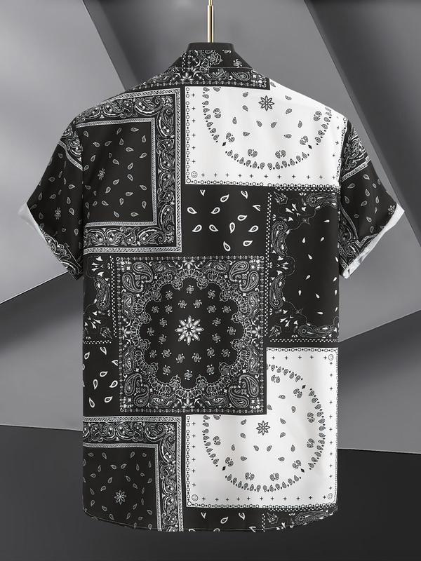 Men's Regular Fit Paisley Print Button Front Shirt, Summer Clothes, Boho Casual Short Sleeve Collared Top for Summer, Men's Clothes for Vacation Holiday Wear 6