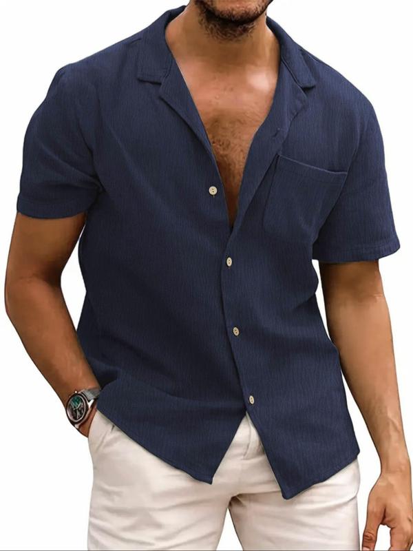 Men's Plain Textured Button Front Pocket Shirt, Regular Fit Casual Fashion Short Sleeve Collared Top for Summer, Men's Clothes for Daily Wear 2