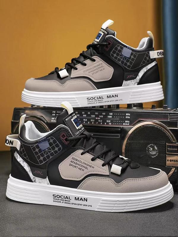 Men's Casual Letter Patched Design Lace-up Front High Top Sneakers, 1 Pair Fashion Comfortable PU Leather Skate Shoes for Daily Life, Patched Design Walking Shoes 1