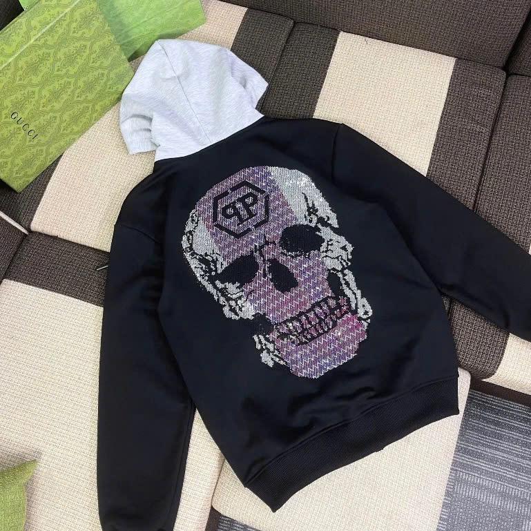 Áo Hoodie Zip Philip Plein Đính Đá  Mũ xám phối khóa Hàng Đỉnh Form Rộng - Áo Hoodie Zip Philipp Plein Phong Cách Trẻ Trung