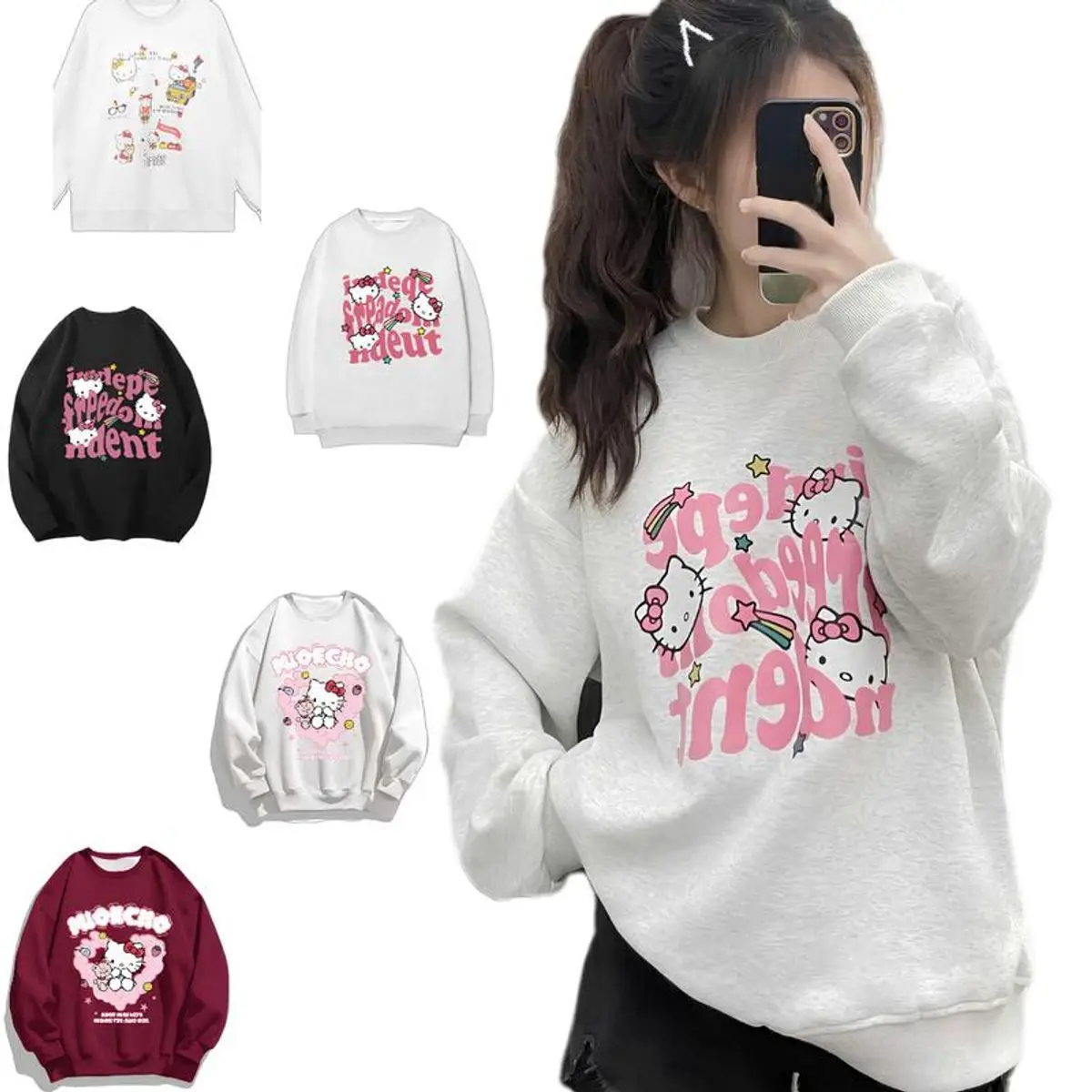 Áo Swt Chất Nỉ Bông Ngoại Nhiều Hình Hottrend Thu Đông 2024 Freesize 40_62kg Nữ Top Women Kittyy Dễ Thương - Cổ Tròn, Hoodie