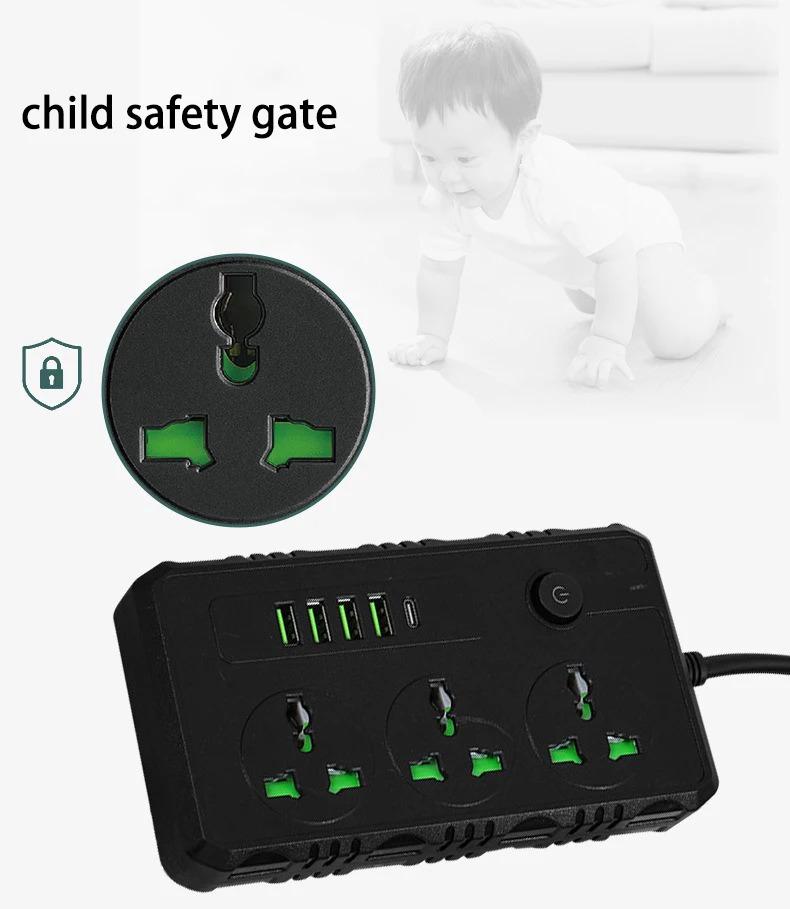 Product Introduction of US UK EU Plug Power Strip with 4 USB 1 Type-C Port 2M Extension Cord Socket Surge Overload Protector Universal Multi Outlet 11