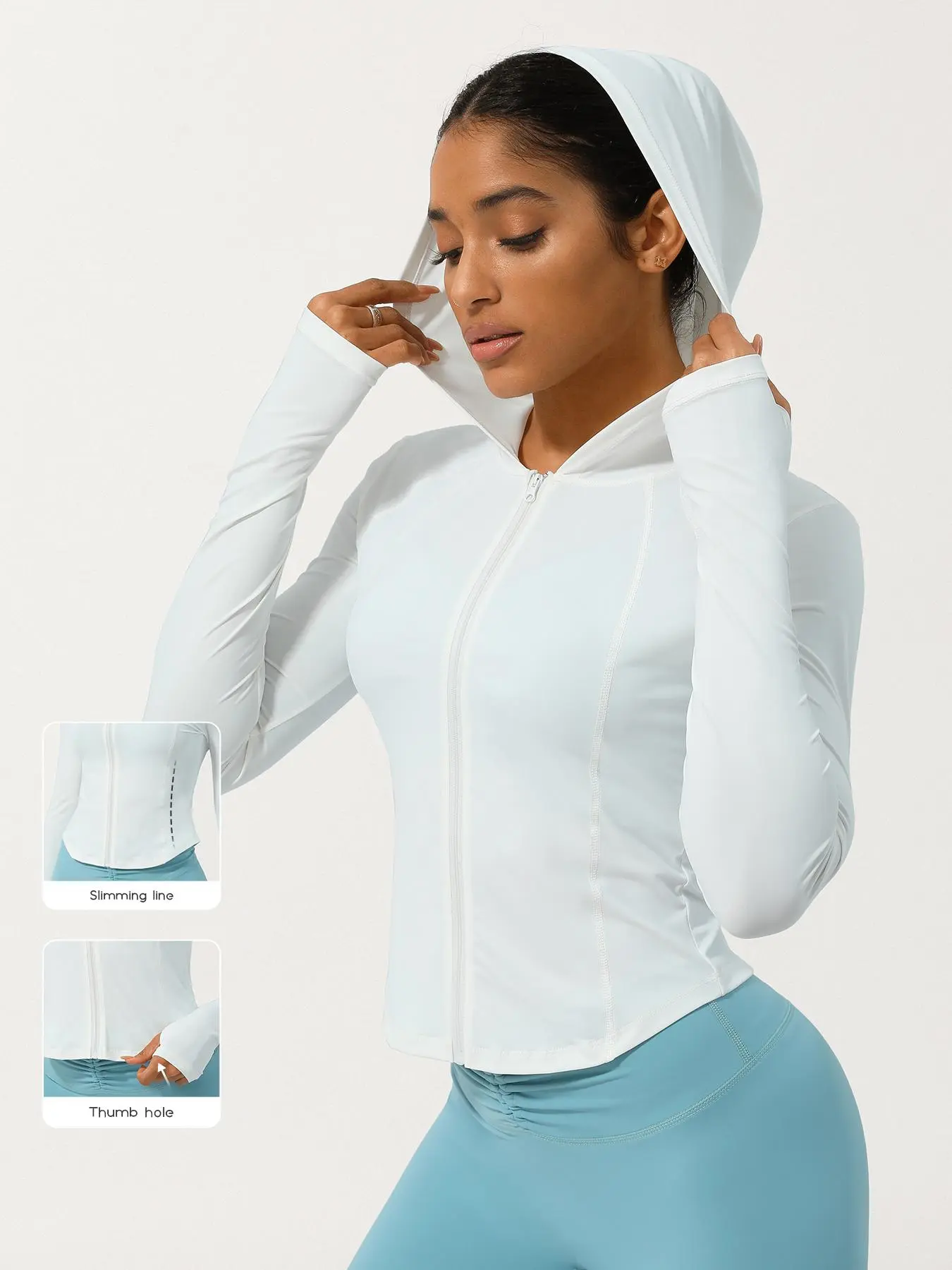 Women's Solid Color Zip Up Half-sheer Hooded Sports Jacket, Sporty Long Sleeve Outerwear for Yoga Gym Workout Running, Ladies Sportswear for All Seasons