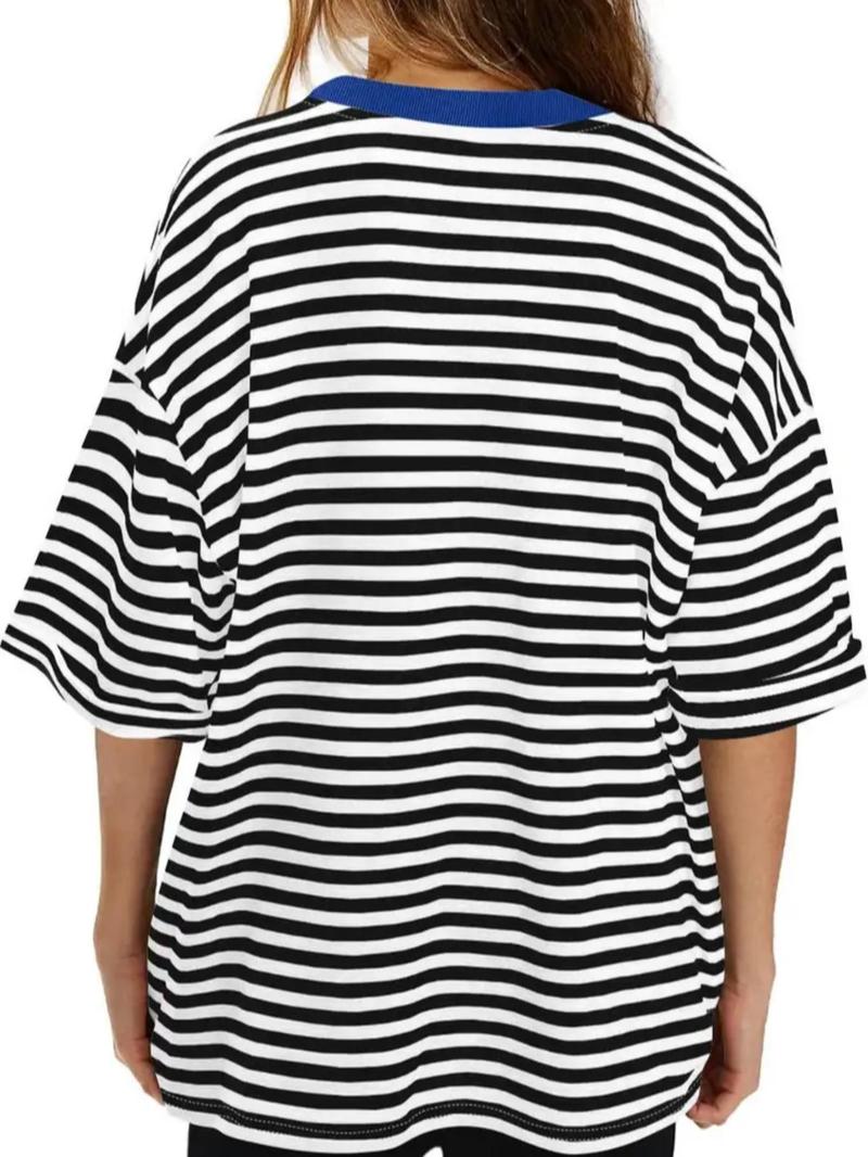 Product Introduction of Women's Striped Print   Tee, Casual  Round Neck T-shirt for Summer, Ladies Clothes for Daily Wear 2