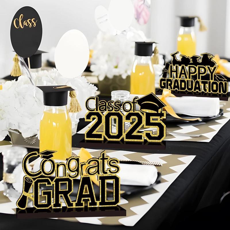 Graduation Themed Wooden Table Centerpiece, 4 Counts/set Class Of 2025 Congrats Grad Letter Pattern Ornament, Graduation Decorations for Home Party School 5