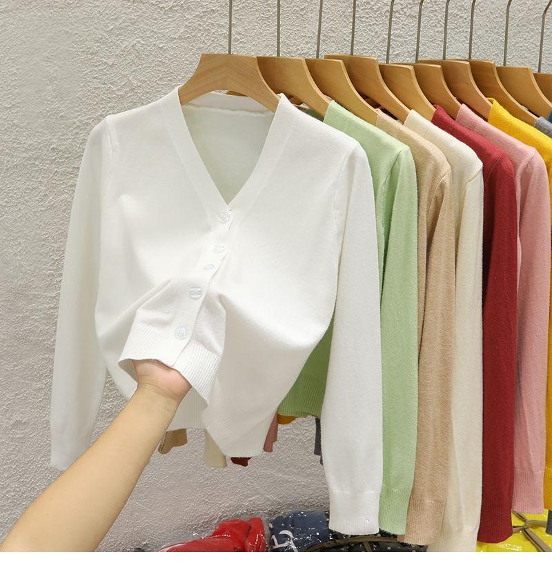 Product Introduction of Áo Khoác Cardigan Dệt Kim, Cổ Chữ V, Ngắn, Dành Cho Nữ, Hàng Mới Về Mùa Thu 2024, Màu Trơn Áo Len Bên Ngoài, Áo Len Dài Tay Women Top 19
