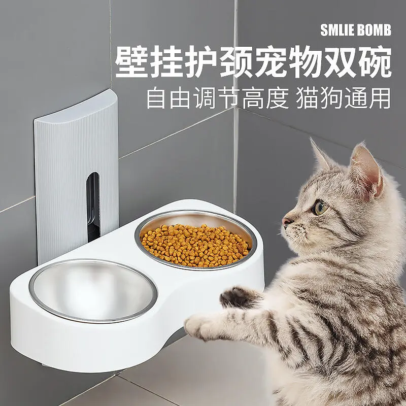 New Cat Adjustable Double Stainless Steel Non Perforated Wall Mounted Drinking and Eating Bowl Pet Supplies